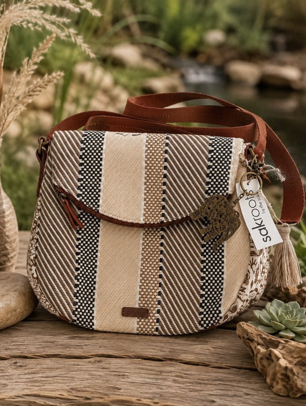 Sakroots Artist Circle Foldover Crossbody Bag NWT Boho Woven Elephant Charm